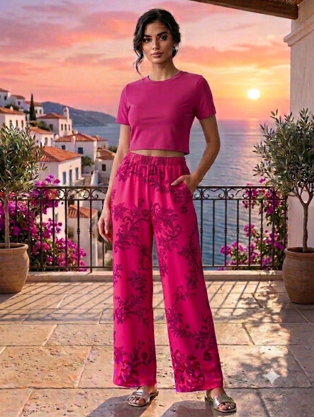 Attitudes by Renee NWOT Pink Baroque Woven Wide Leg Full Length Pants Sz MP